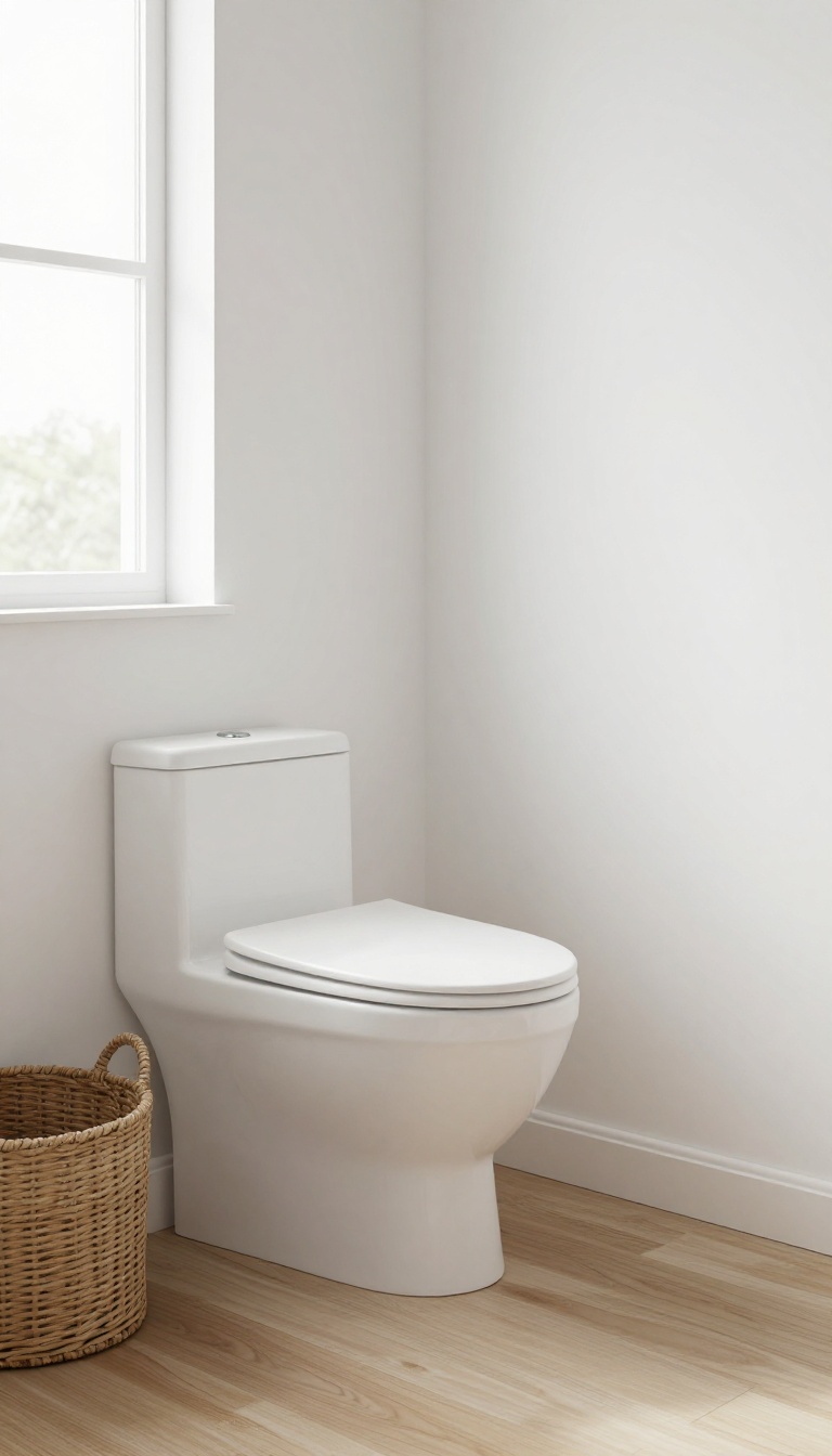 Wall-mounted toilet in a small modern bathroom with open floor space and a basket underneath
