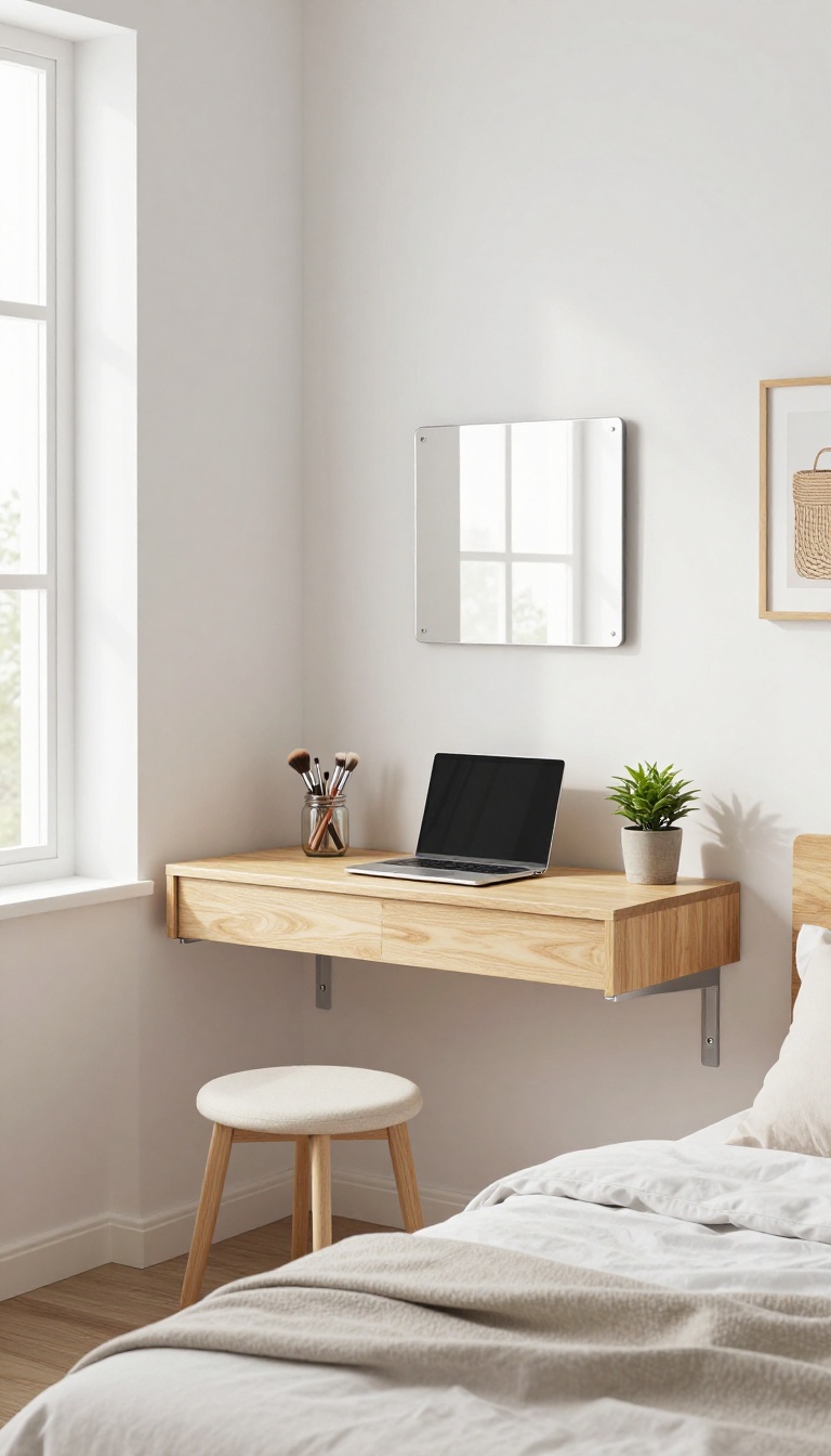 Wall-mounted desk and vanity in a small bedroom with natural light and organized decor