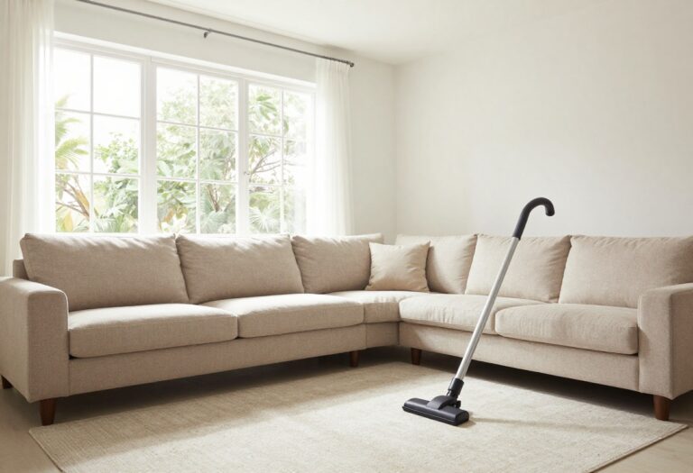 Person deep cleaning a couch with a vacuum in a bright living room