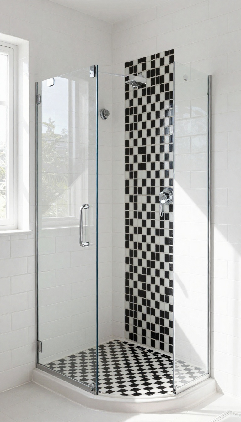 Black and white checkerboard tile accent on shower niche and curb