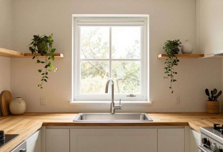 Warm above kitchen sink decor with shelf and plant