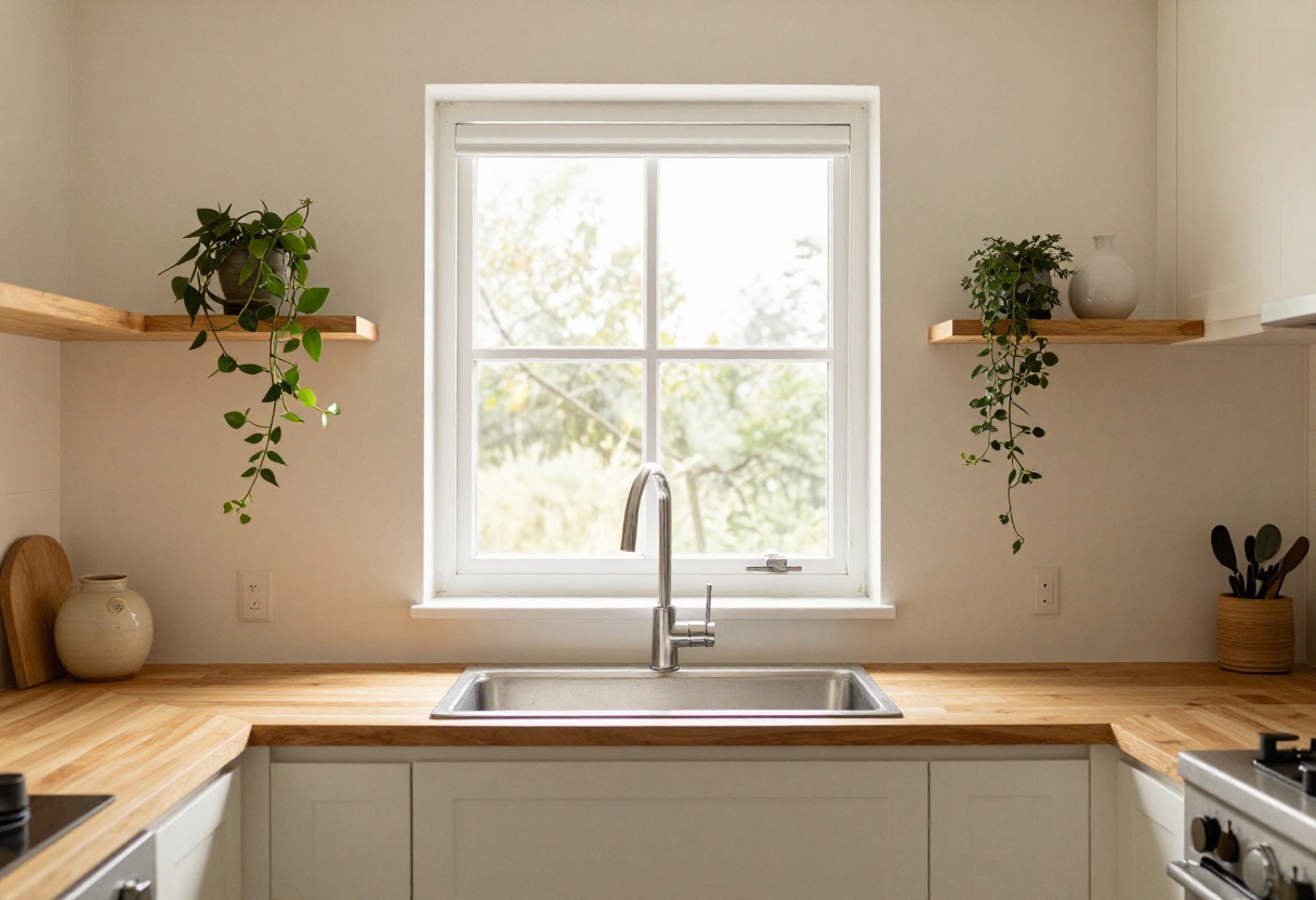 Warm above kitchen sink decor with shelf and plant