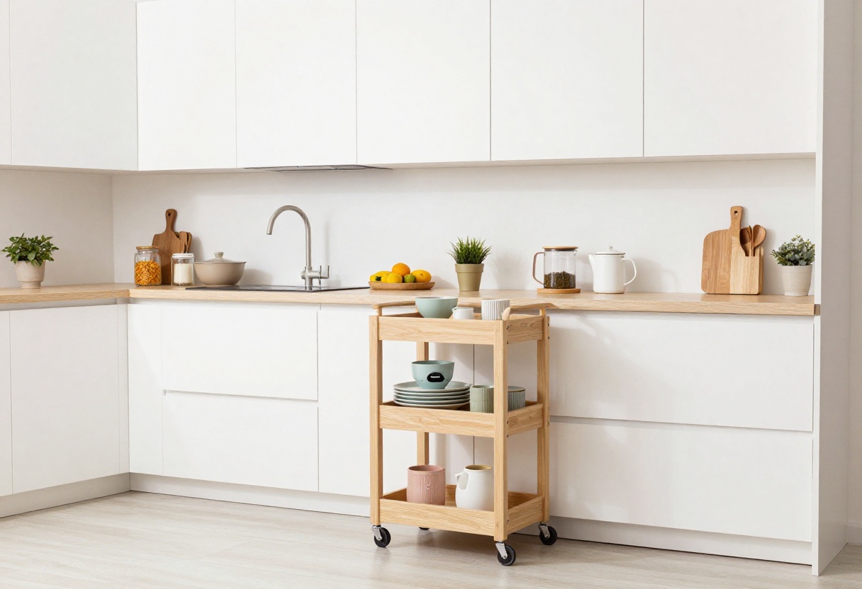 Bright modern kitchen with open shelving and a rolling cart, showcasing space-saving ideas