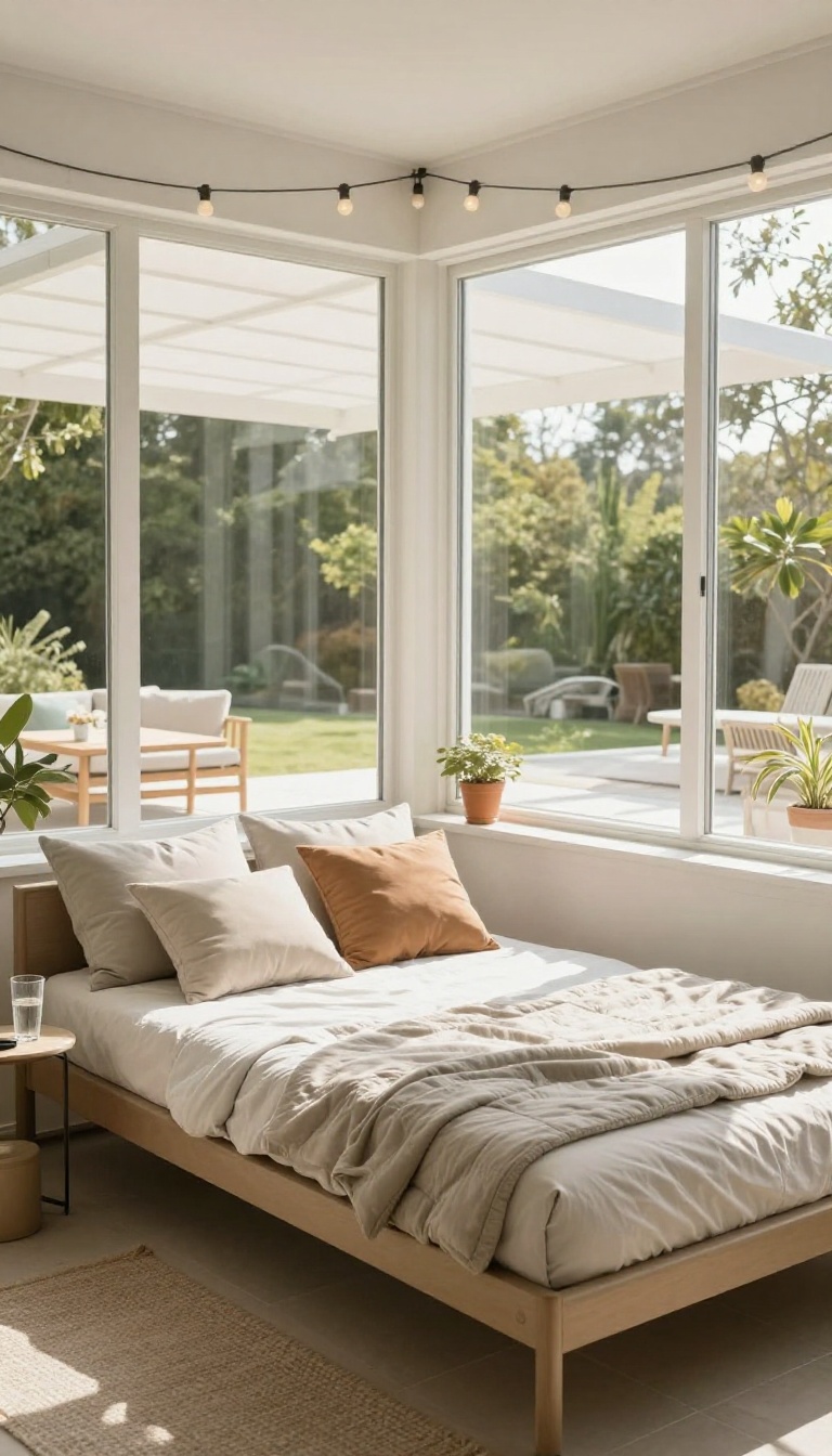 A sunroom with an outdoor sofa bed styled as a cozy guest retreat, featuring string lights, plants, and a side table.