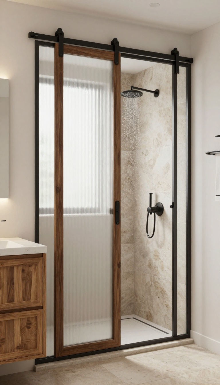 Rustic bathroom with a sliding barn door shower screen featuring a dark wood frame and frosted glass, set against natural stone tiles and warm wooden accents.