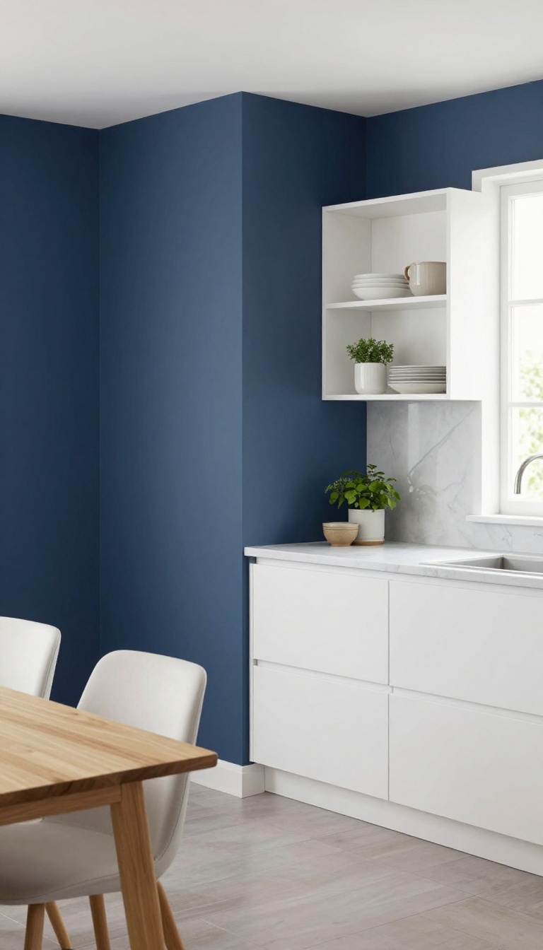 Navy accent wall in a bright kitchen with white cabinets and a dining nook
