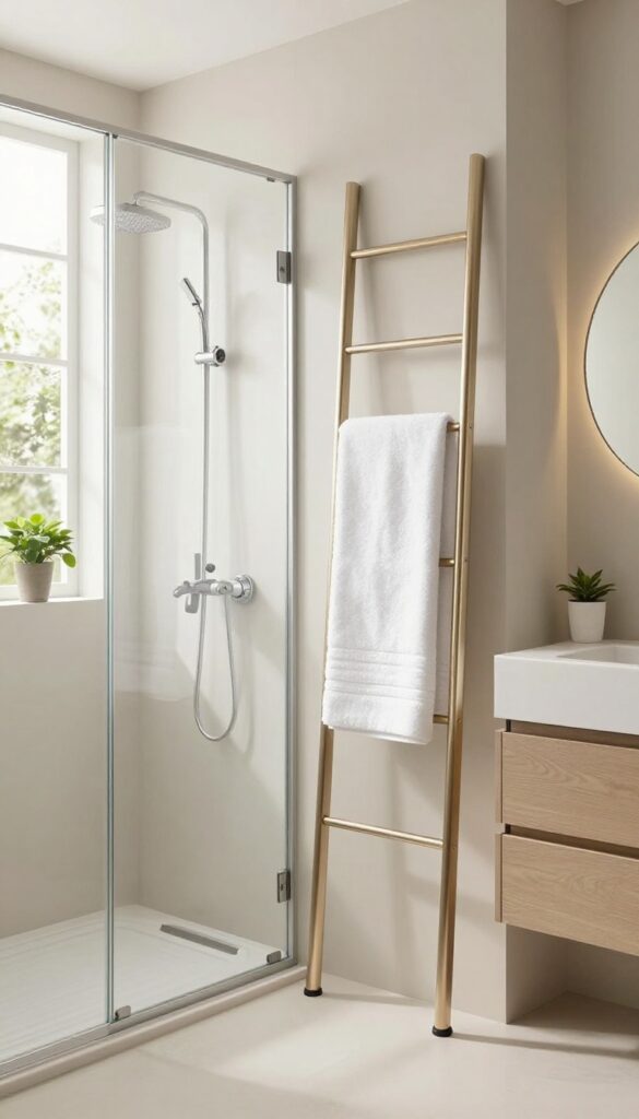 Compact bathroom with a walk-in shower and a heated towel rack holding a white towel