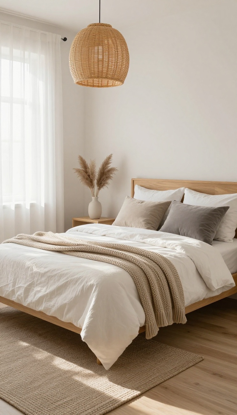 A calm guest bedroom with soft neutral colors, layered textures, and natural light, creating a spa-like atmosphere.