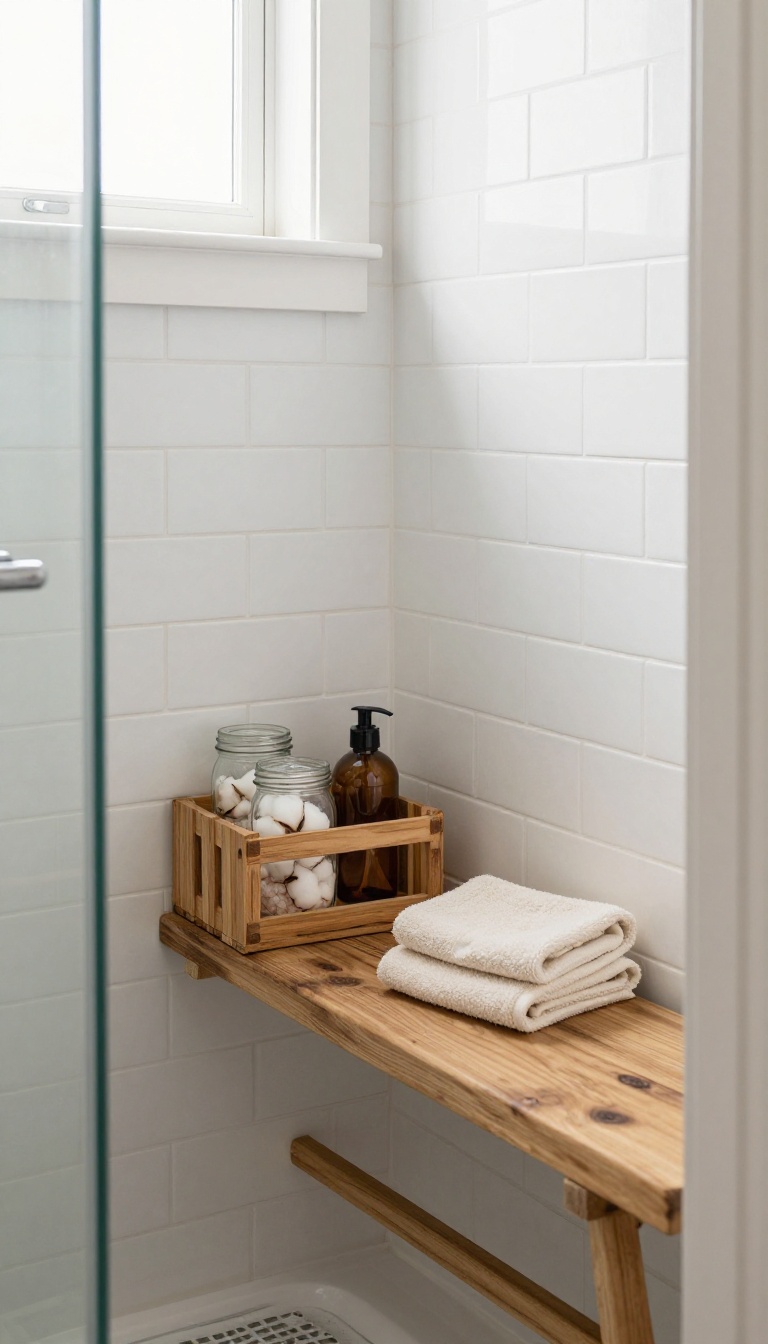 Rustic farmhouse shower with open wooden shelving and mason jars
