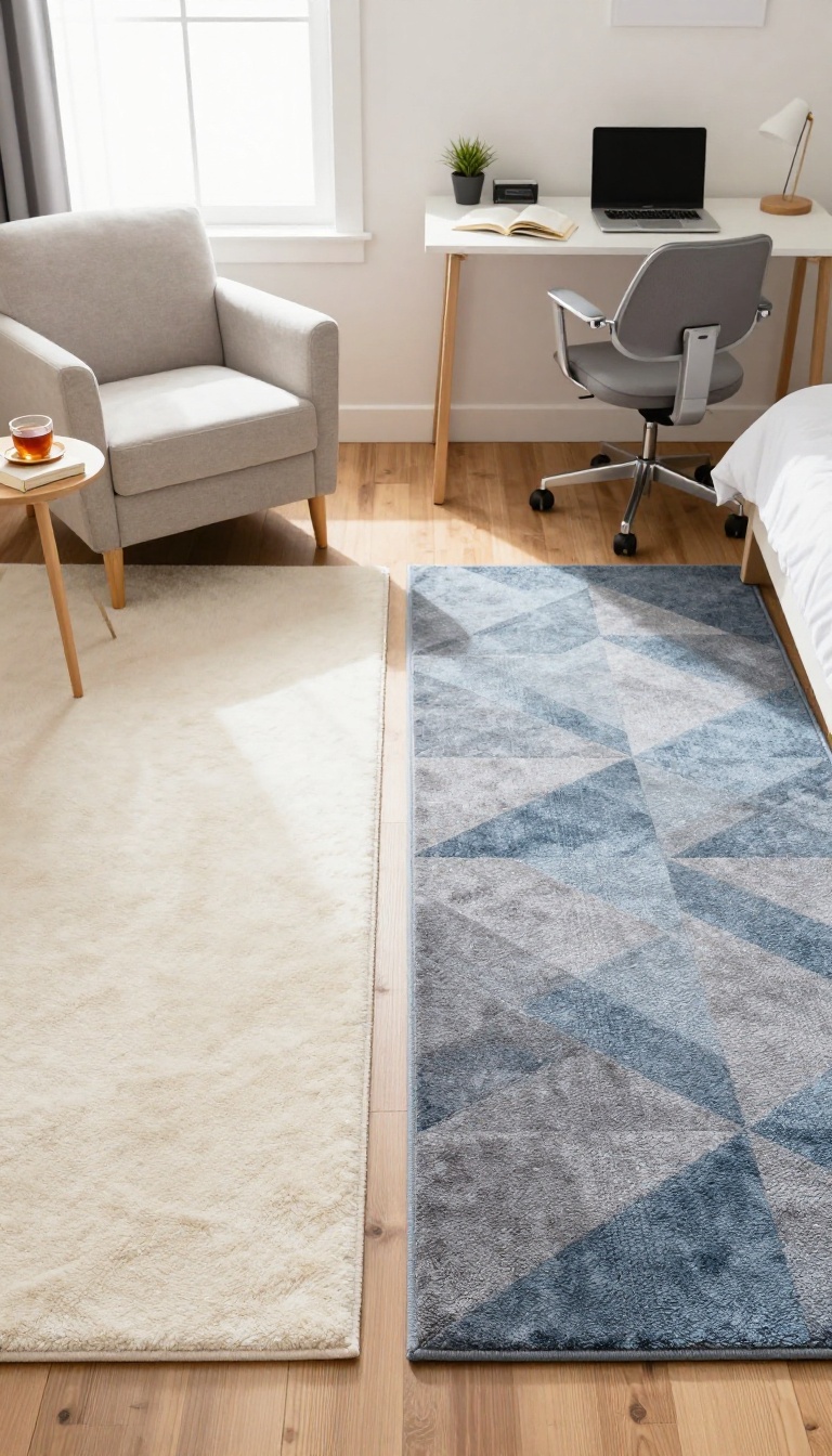 Small bedroom with separate zones defined by area rugs, one for a reading nook and one for a workspace
