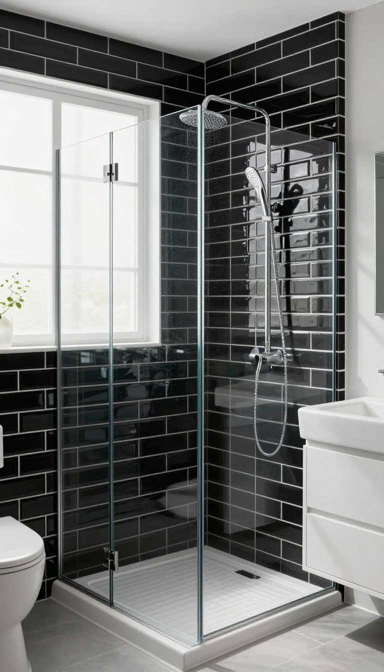 Modern bathroom shower with black subway tile and white grout, white fixtures, and bright natural light