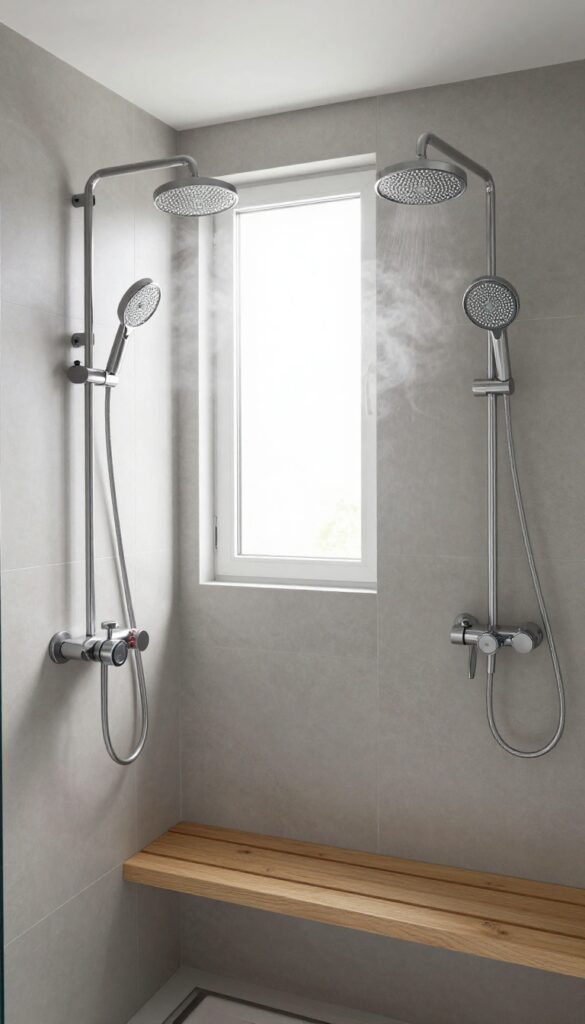 Modern double shower with two separate shower valves for personalized temperature control