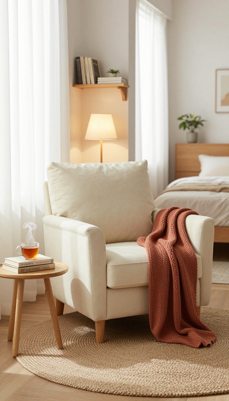 Cozy reading nook in a small bedroom with a plush armchair, side table, floor lamp, and books near a window