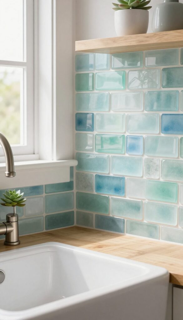 Coastal kitchen backsplash with frosted sea glass tiles in soft greens, blues, and whites, installed behind a white farmhouse sink with a wooden countertop and a potted succulent.