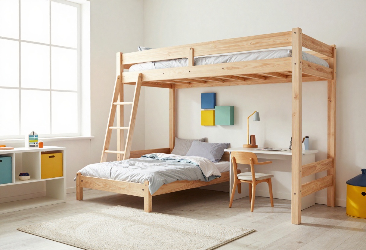 Small boy's bedroom with loft bed, desk, and storage cubes