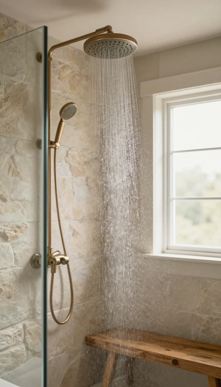 Rainfall showerhead in a farmhouse bathroom with warm rustic character