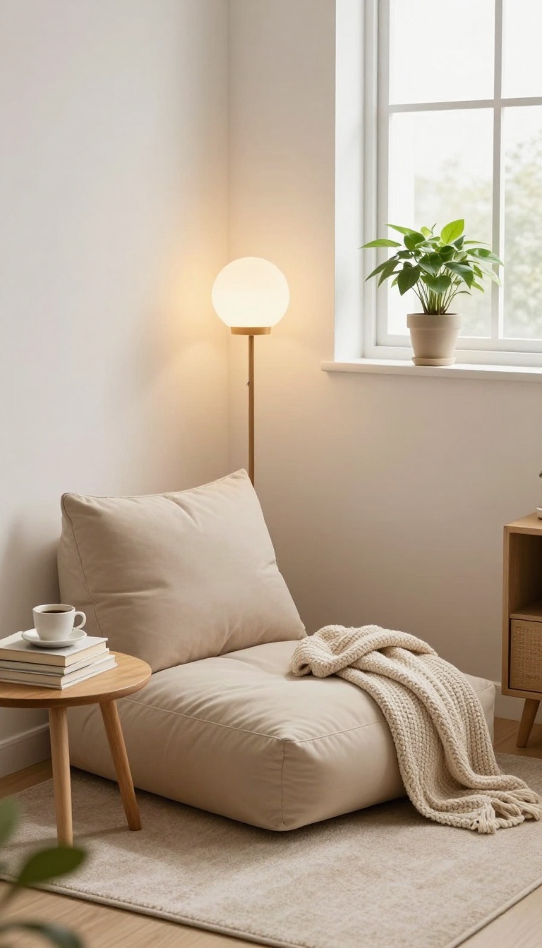 Cozy reading nook in a bedroom corner with a floor cushion, lamp, and books