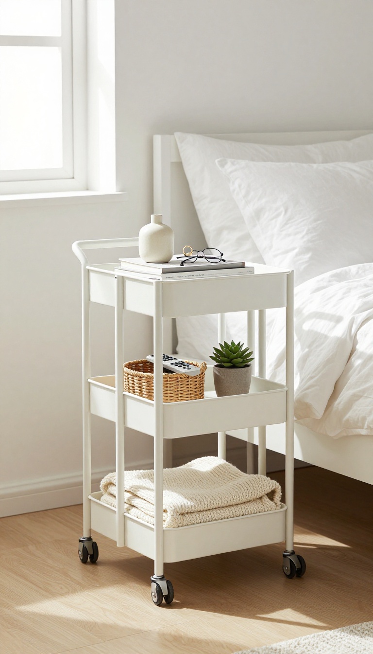 A white rolling cart styled as a nightstand beside a bed in a small, bright bedroom, with a lamp, books, a tray, a basket, and a plant.