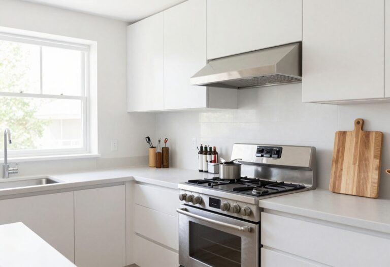 Modern kitchen with gas stove and clever accessories like a spice rack and cutting board cover