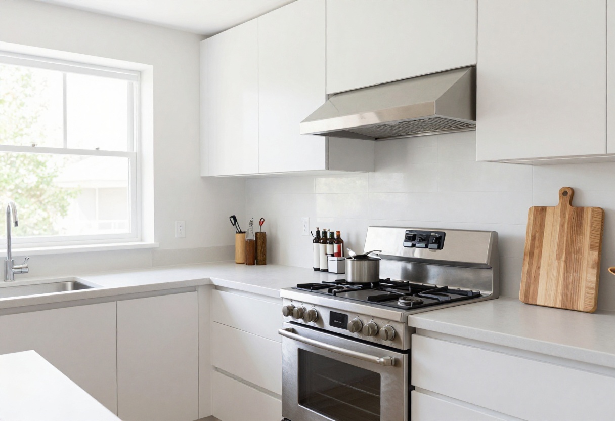 Modern kitchen with gas stove and clever accessories like a spice rack and cutting board cover