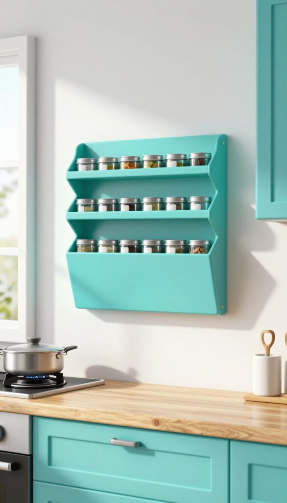 Turquoise magnetic spice rack mounted on a kitchen wall near the stove, holding metal spice tins, in bright natural light.