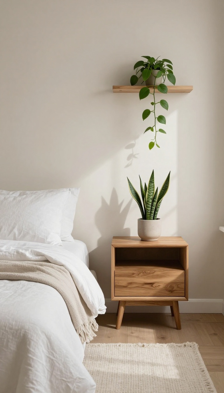 Small bedroom with snake plant on nightstand and pothos on floating shelf, fresh greenery enhancing polished look