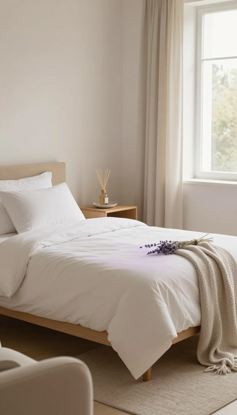 Cozy guest bedroom with lavender scent diffuser and dried lavender on nightstand