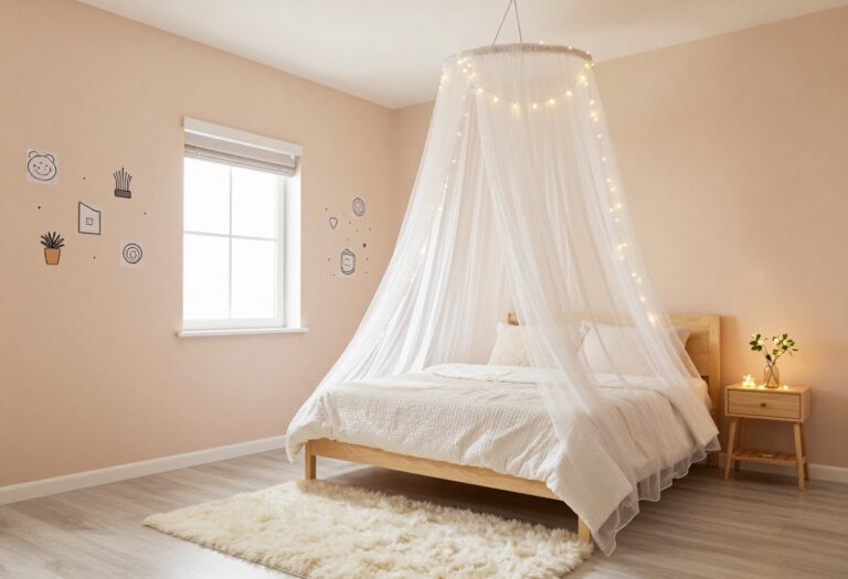 Cute small bedroom with soft playful details including a canopy bed, pastel colors, and fairy lights