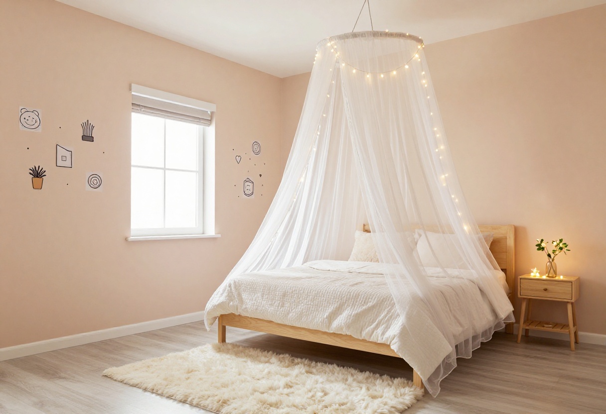 Cute small bedroom with soft playful details including a canopy bed, pastel colors, and fairy lights