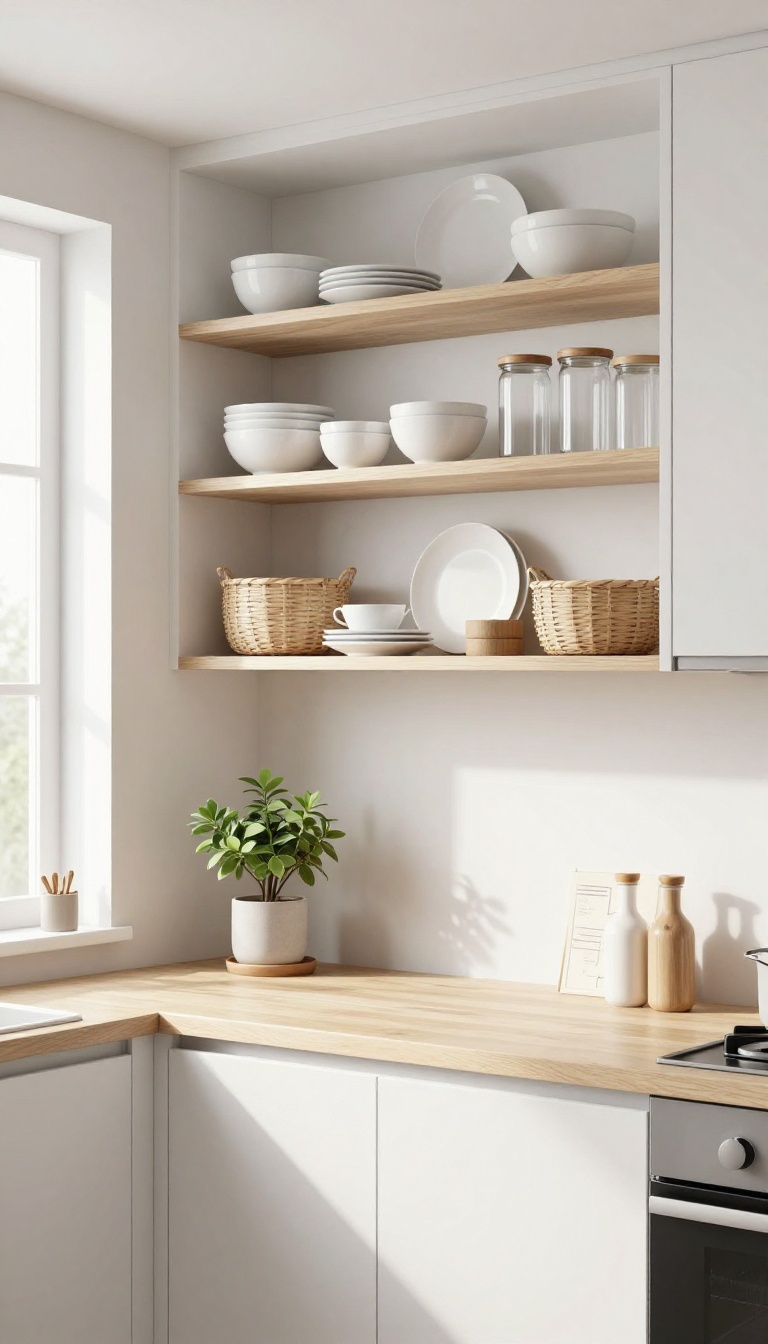 Bright kitchen with open upper shelves holding dishes, glass jars, and a plant, styled neatly.