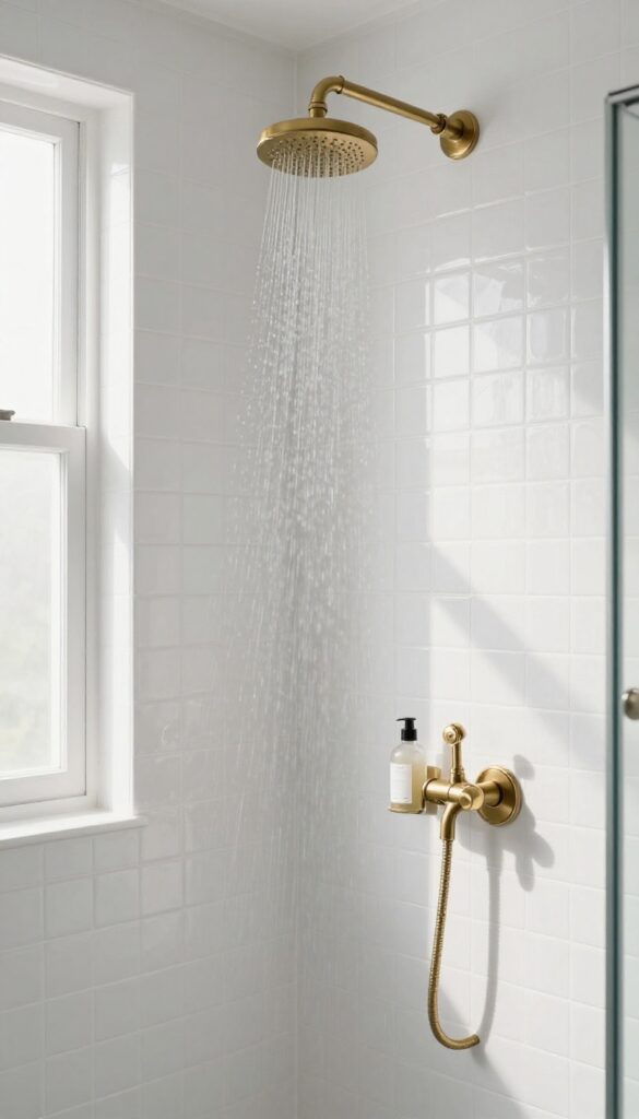 White penny tile shower with brass fixtures in a bright, airy bathroom