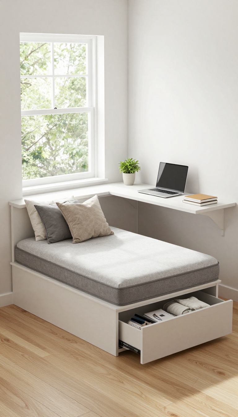 Cozy guest room office with built-in window seat and under-desk storage, bright natural light, neutral decor.