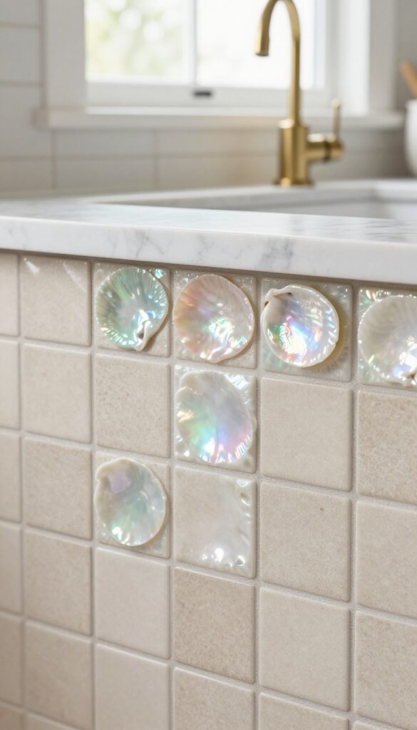 Coastal kitchen backsplash with neutral subway tiles and mother-of-pearl inlay accents