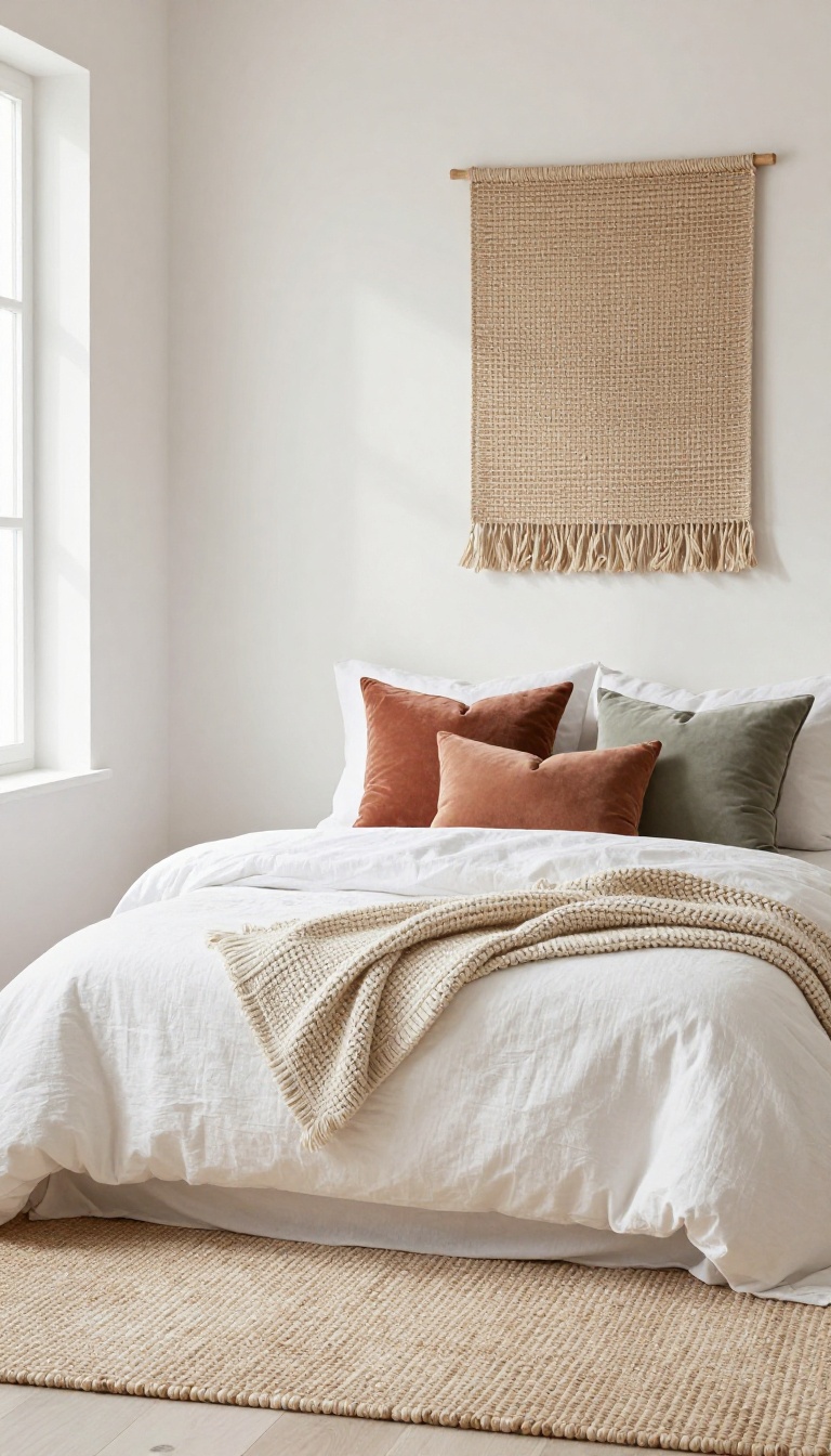 Small bedroom with layered textiles and natural textures, featuring a chunky knit throw, velvet pillows, and layered rugs.