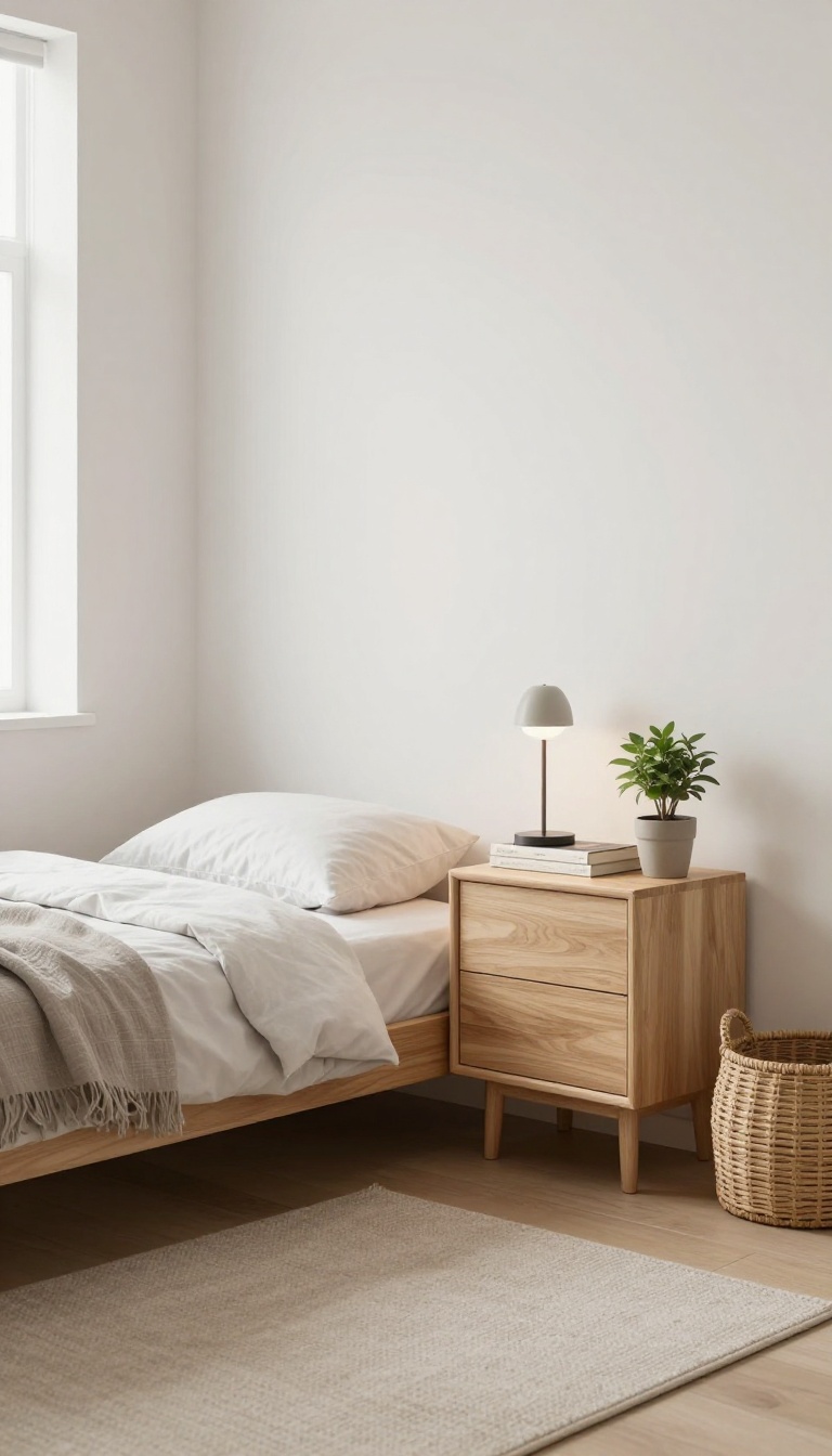 Small bedroom with floating nightstands mounted on the wall, creating an airy and spacious feel.