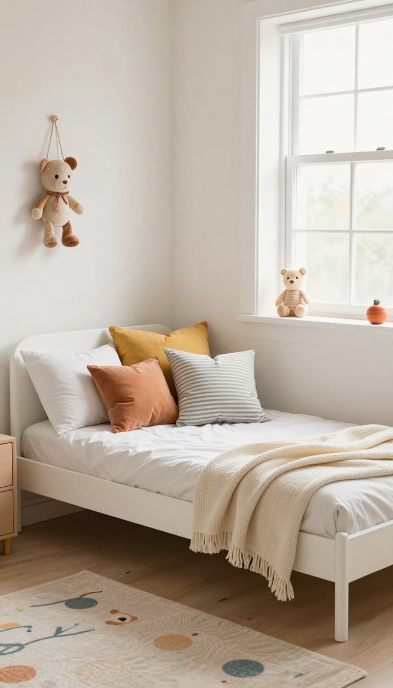 Kids bedroom with a daybed and trundle for sleepovers, styled with pillows and natural light