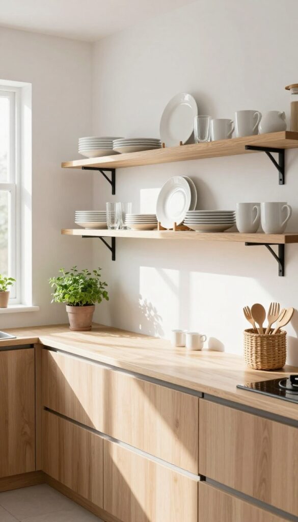Open shelving in a bright kitchen with neatly arranged dishes and a basket, demonstrating space-saving vertical storage.