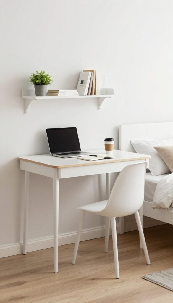 Small bedroom with a white corner desk in an awkward corner, featuring a laptop and chair, bright natural light, clean minimalist style.