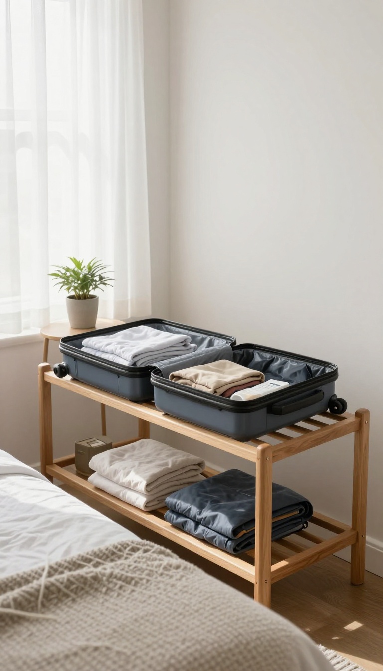 Guest bedroom with a wooden luggage rack holding an open suitcase at the foot of the bed