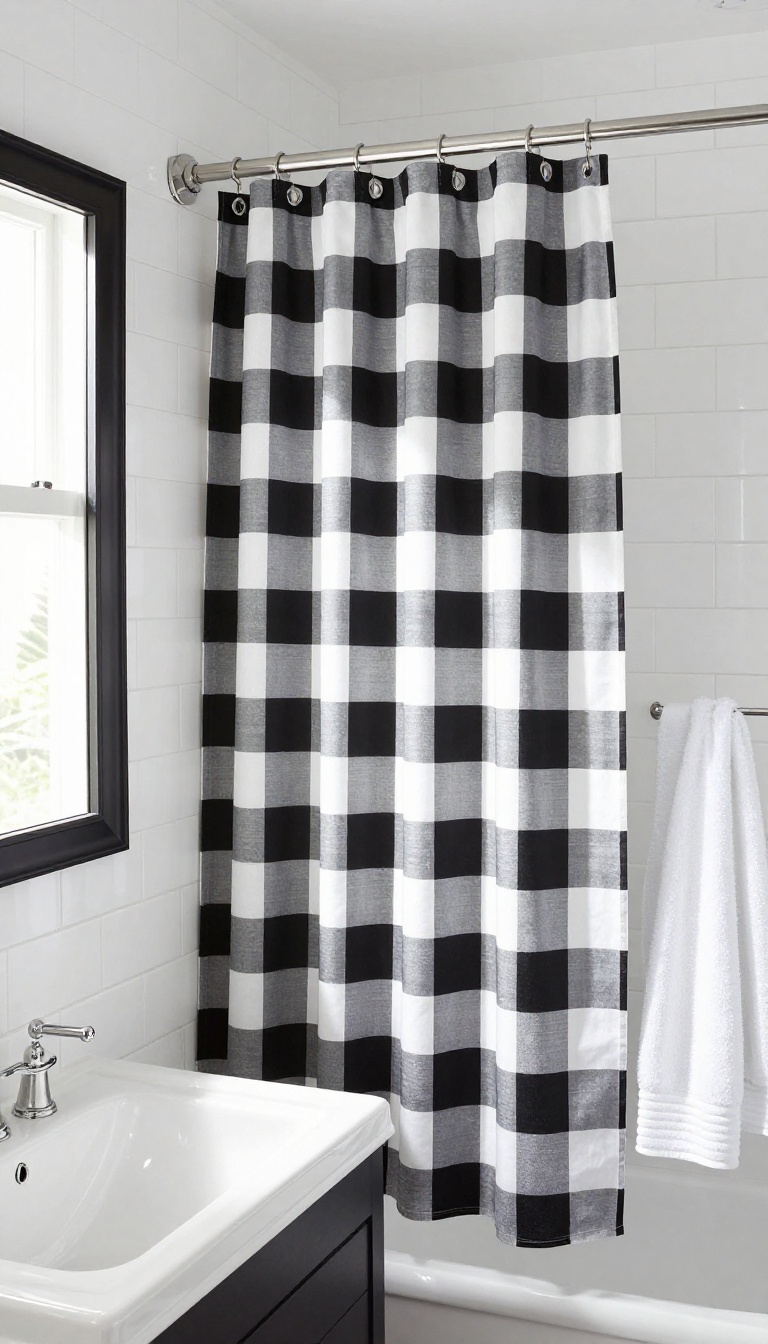 Classic black and white checkerboard shower curtain in a bright vintage-style bathroom with chrome fixtures and subway tile.