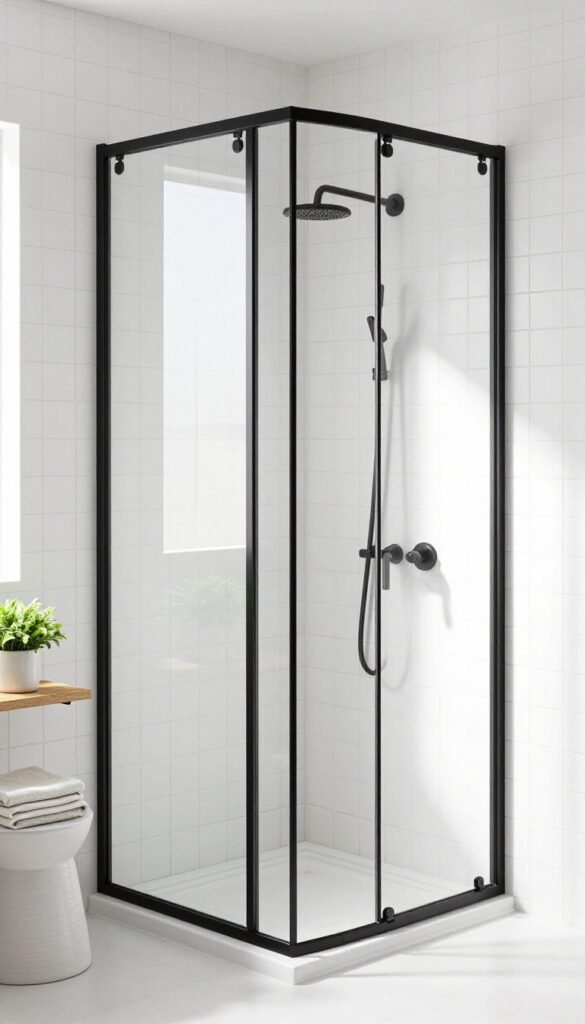 Bright bathroom with white subway tile shower and black-framed glass door, industrial modern style