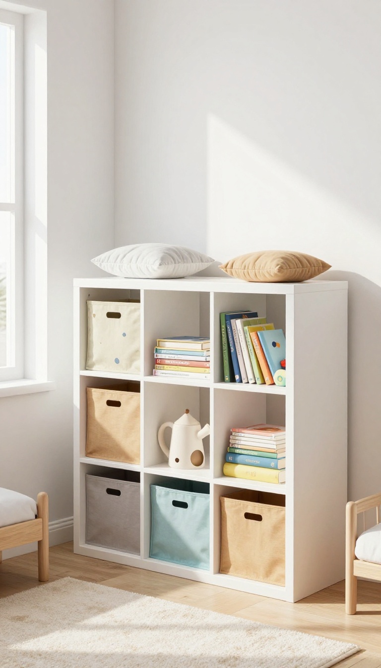 Modular cube storage in a boy's bedroom with fabric bins, books, and a cushion on top for seating