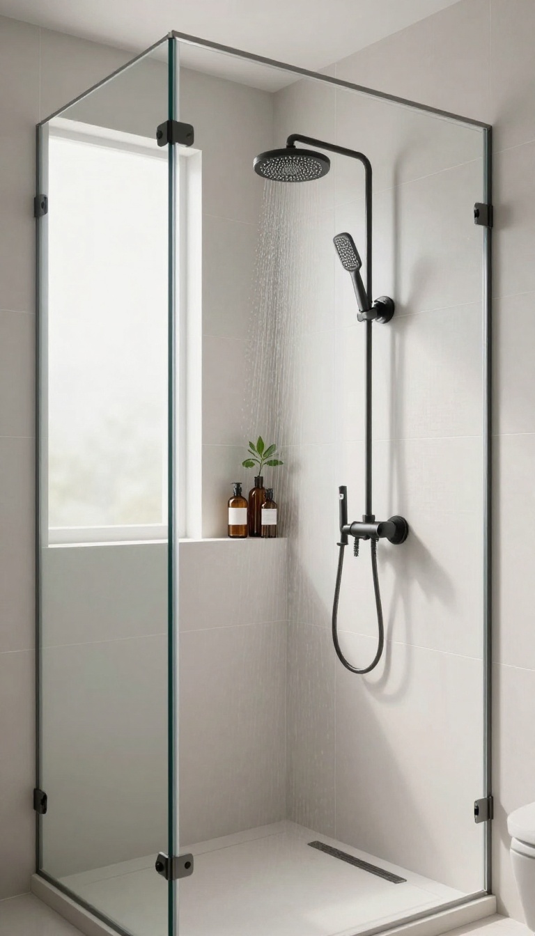Modern shower with built-in tile niche holding toiletries and a small plant