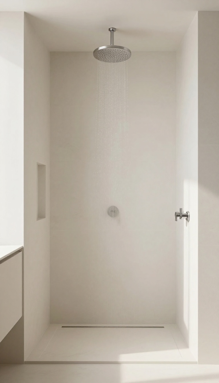 Modern shower with large-format matte porcelain slabs, minimal grout lines, rainfall showerhead, and natural light.