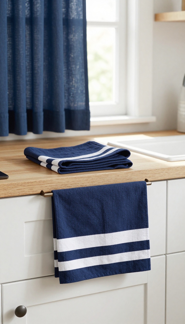 Navy kitchen textiles including towels, runner, and curtains in a bright white kitchen