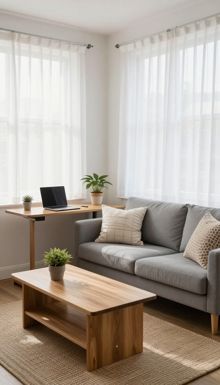 Convertible sofa with a raised lift-top coffee table serving as a workspace in a bright guest room office combo.