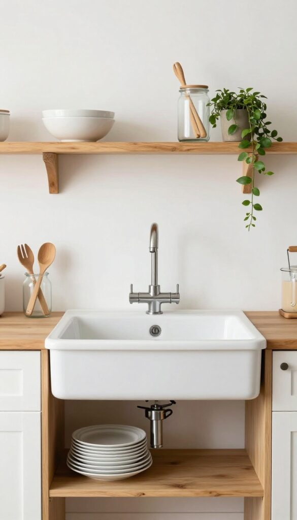 Kitchen sink with open shelving above, styled with a few curated items and a trailing plant