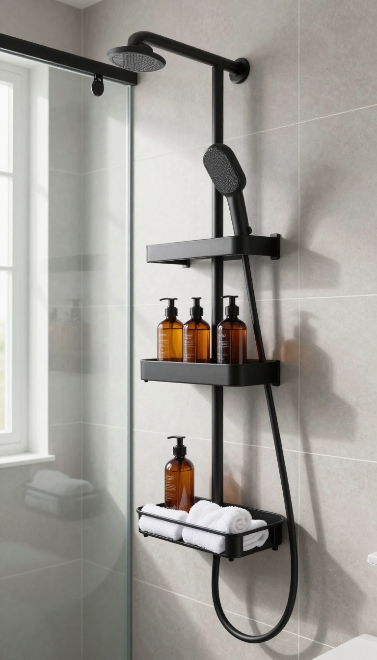 A modern guest bathroom shower with a matte black caddy holding neatly arranged toiletries, demonstrating organized shower storage.