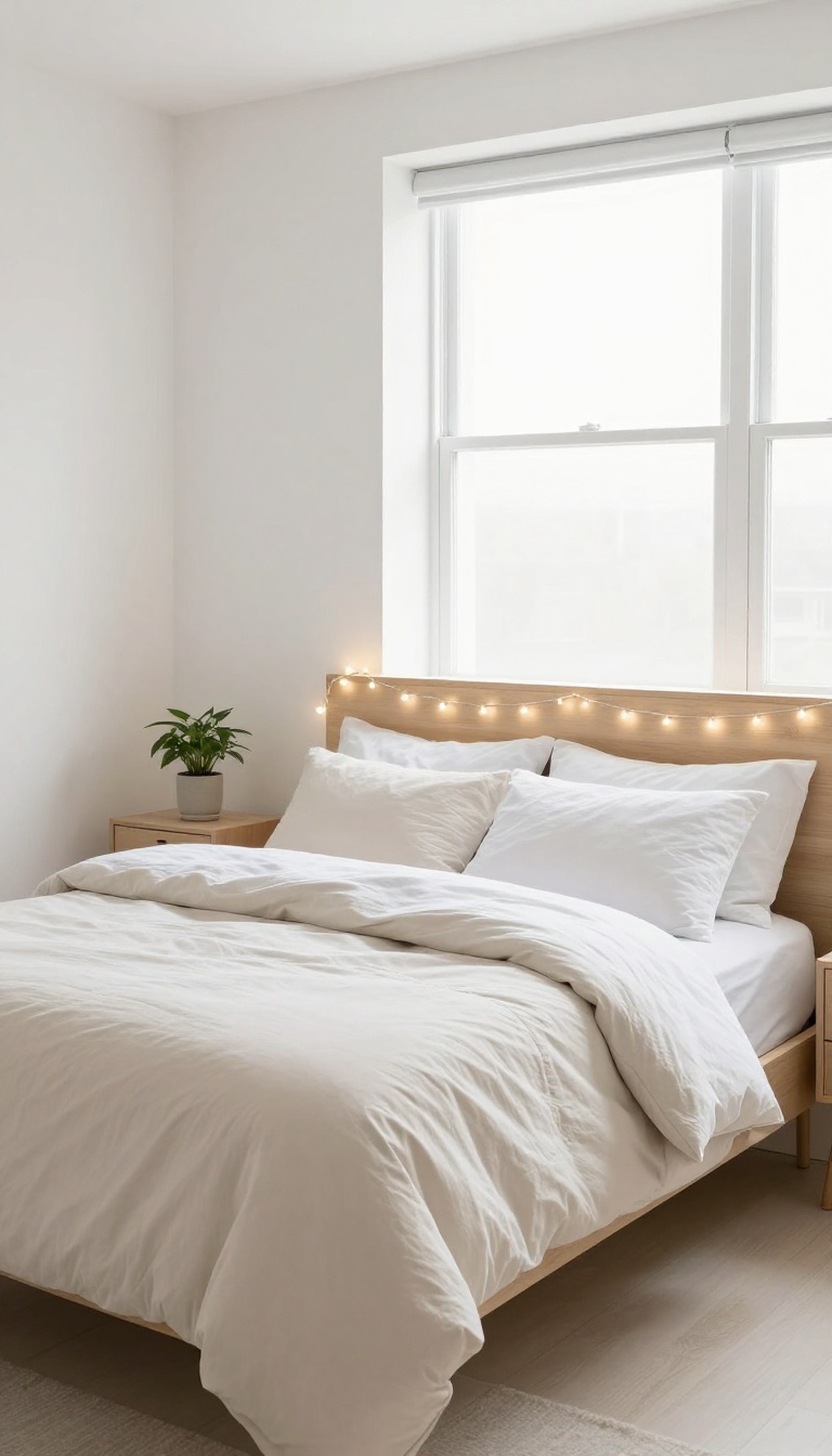 Minimalist cozy bedroom with one strand of fairy lights on the headboard, neutral decor, bright natural light