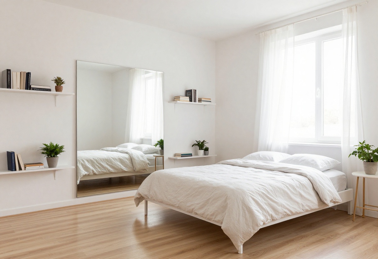 Small guest bedroom with light colors, mirror, and space-saving furniture